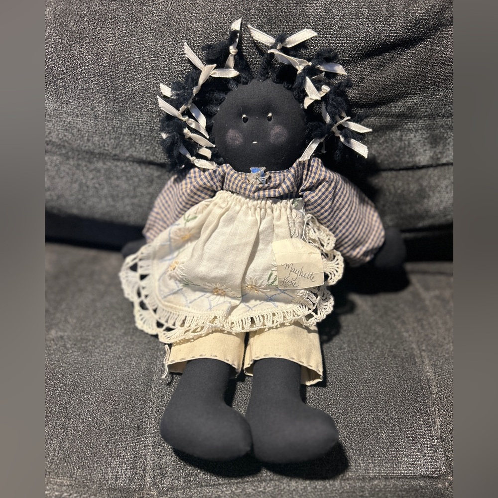 Vintage Primitive Black Folk Art Cloth Rag Doll 12" Handmade Maybelle June